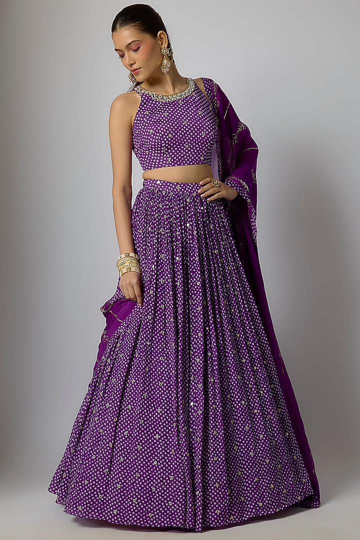 Purple Chinon Bandhani Printed Lehenga Set by Krishna Padia at Pernia's Pop Up Shop