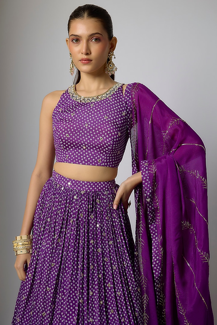 Purple Chinon Bandhani Printed Lehenga Set by Krishna Padia at Pernia's Pop Up Shop