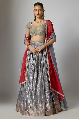 Moonstone Grey Woven Brocade Lehenga Set by Indian Wardrobe