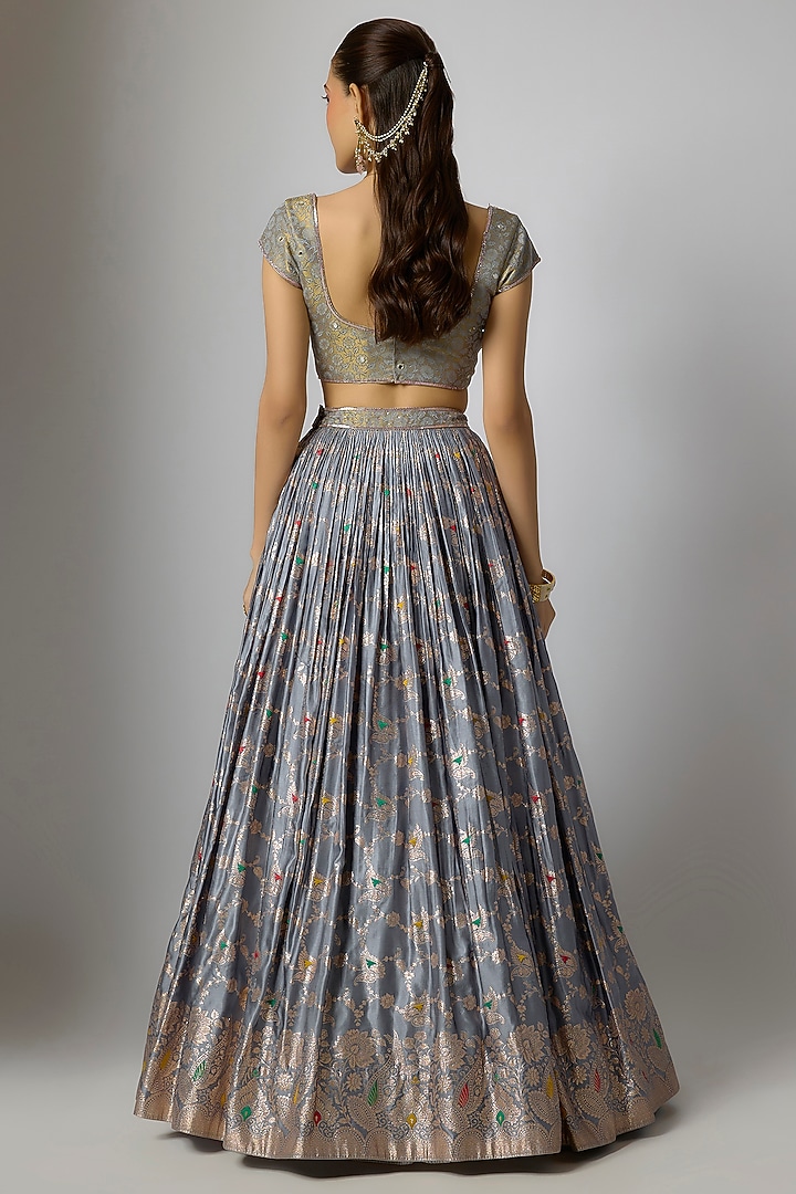 Moonstone Grey Woven Brocade Lehenga Set by Indian Wardrobe at Pernia's Pop Up Shop
