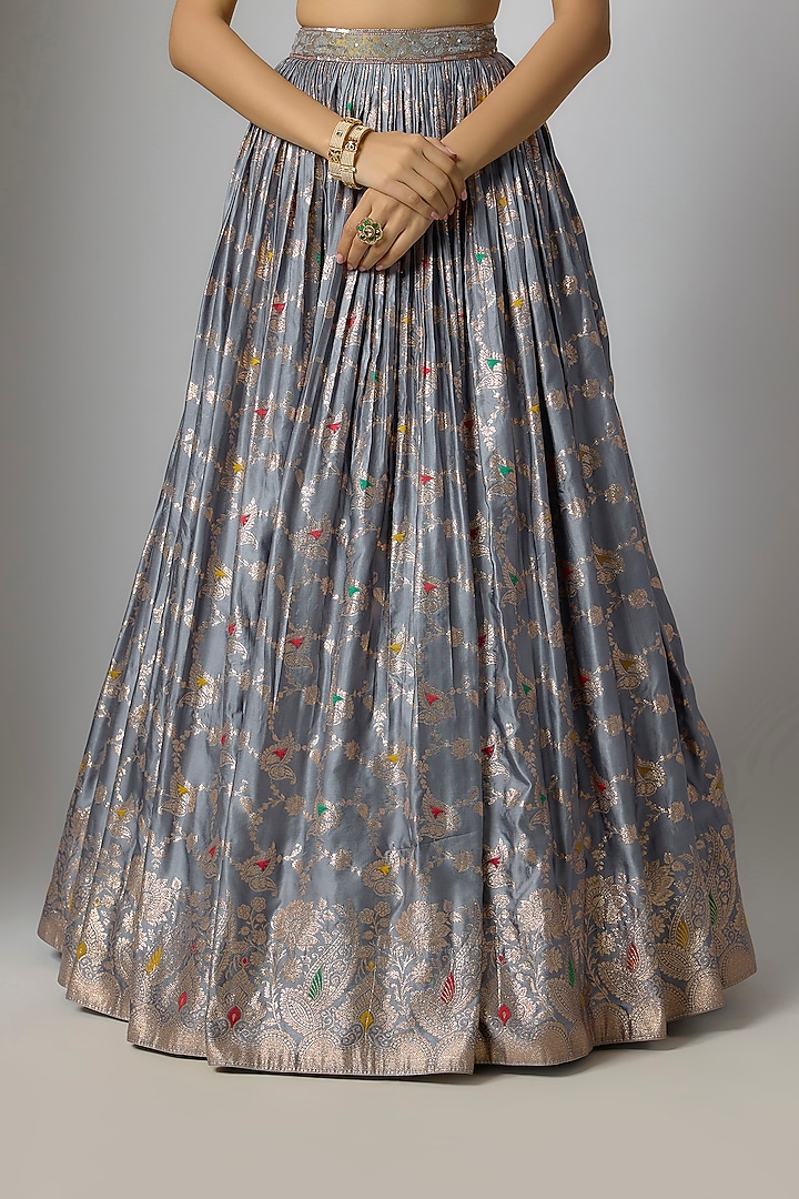Moonstone Grey Woven Brocade Lehenga Set by Indian Wardrobe at Pernia's Pop Up Shop