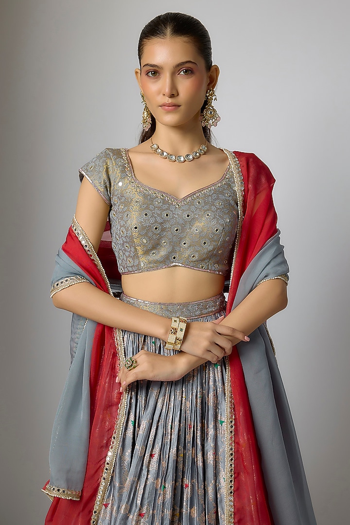 Moonstone Grey Woven Brocade Lehenga Set by Indian Wardrobe at Pernia's Pop Up Shop