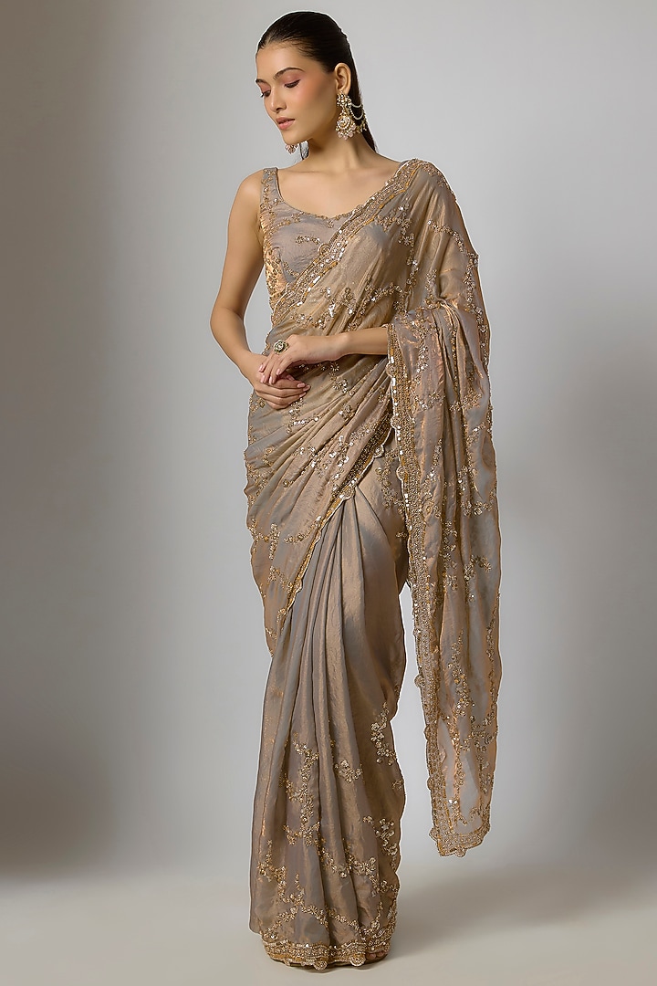Champagne Gold Tissue Silk Sequins Embroidered Party Wear Saree Set by Indian Wardrobe at Pernia's Pop Up Shop