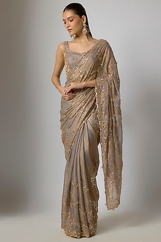Champagne Gold Tissue Silk Sequins Embroidered Saree Set by Indian Wardrobe