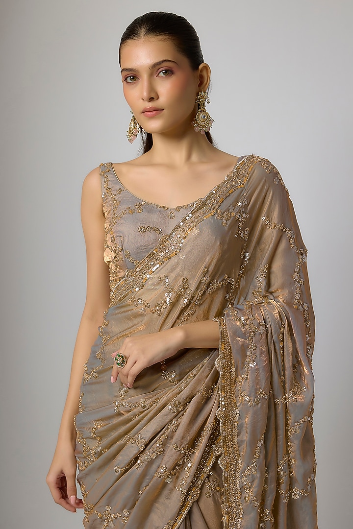 Champagne Gold Tissue Silk Sequins Embroidered Party Wear Saree Set by Indian Wardrobe at Pernia's Pop Up Shop