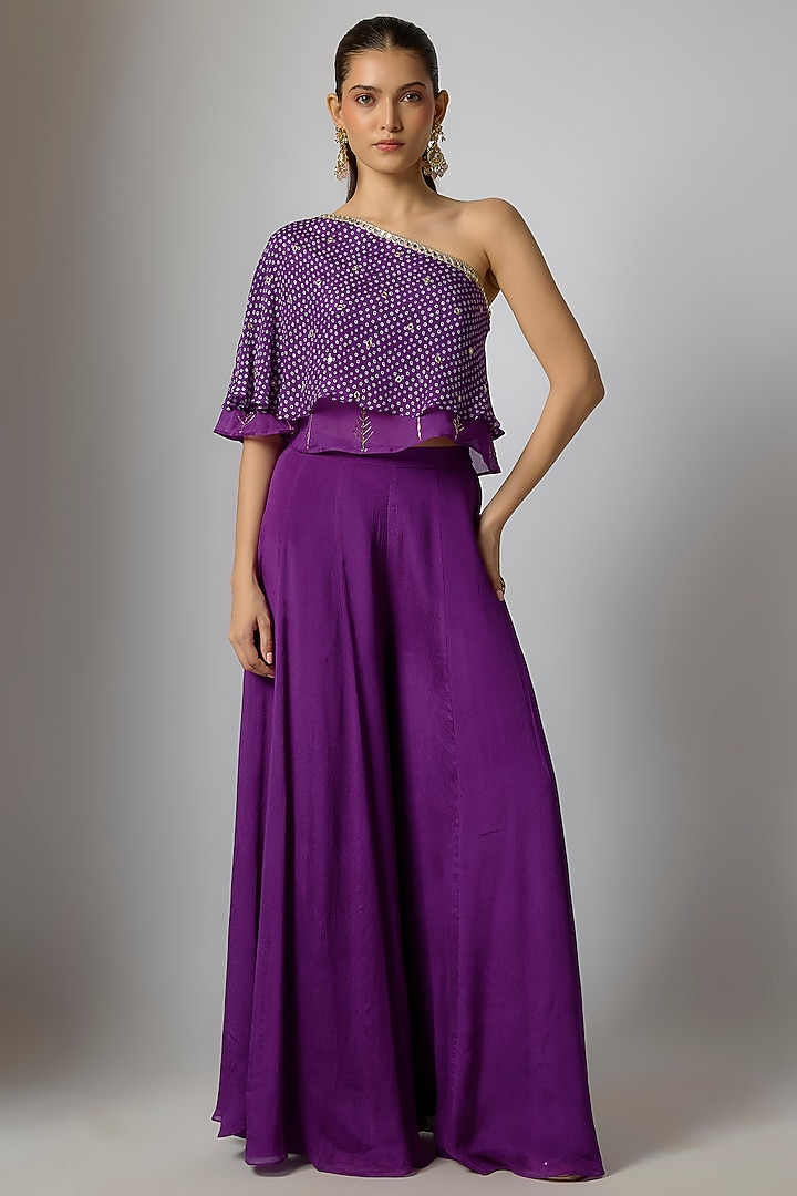 Purple Chinon Bandhani Printed Palazzo Pant Set by Krishna Padia at Pernia's Pop Up Shop