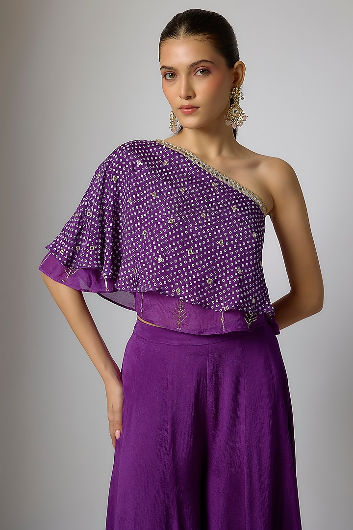 Purple Chinon Bandhani Printed Palazzo Pant Set by Krishna Padia at Pernia's Pop Up Shop