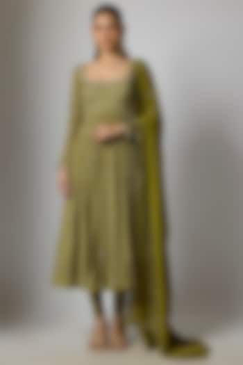 Mehendi Green Chinon Bandhani Printed & Hand Embroidered Party Wear Anarkali Set by Krishna Padia at Pernia's Pop Up Shop