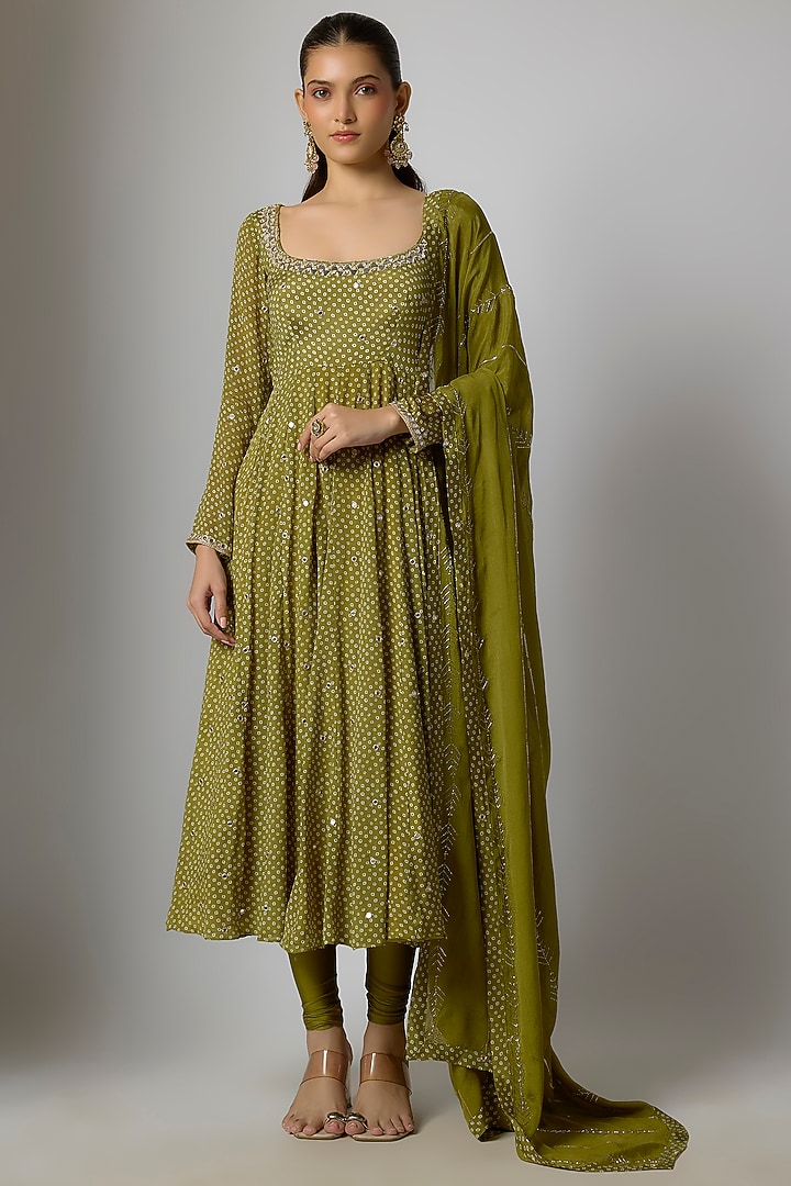 Mehendi Green Chinon Bandhani Printed & Hand Embroidered Party Wear Anarkali Set by Krishna Padia at Pernia's Pop Up Shop