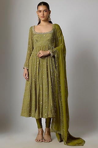 Mehendi Green Chinon Bandhani Printed & Hand Embroidered Anarkali Set by Krishna Padia