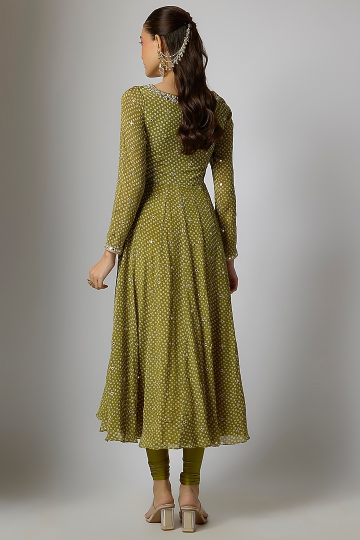 Mehendi Green Chinon Bandhani Printed & Hand Embroidered Party Wear Anarkali Set by Krishna Padia at Pernia's Pop Up Shop