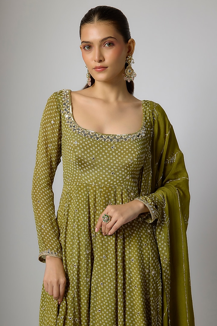 Mehendi Green Chinon Bandhani Printed & Hand Embroidered Party Wear Anarkali Set by Krishna Padia at Pernia's Pop Up Shop