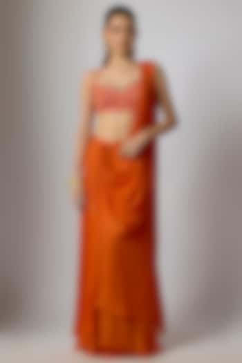 Orange Chinon Bandhani Printed Pre-Stitched Draped Party Wear Saree Set by Krishna Padia at Pernia's Pop Up Shop