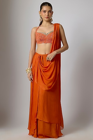 Orange Chinon Bandhani Printed Pre-Stitched Draped Saree Set by Krishna Padia