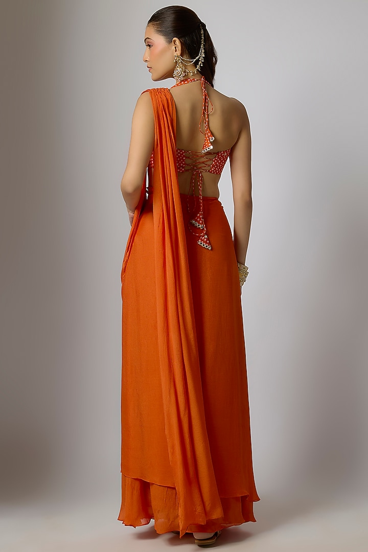 Orange Chinon Bandhani Printed Pre-Stitched Draped Party Wear Saree Set by Krishna Padia at Pernia's Pop Up Shop