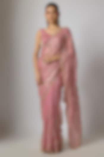 Blush Rose Gold Tissue Silk Sequins Embroidered Party Wear Saree Set by Indian Wardrobe at Pernia's Pop Up Shop