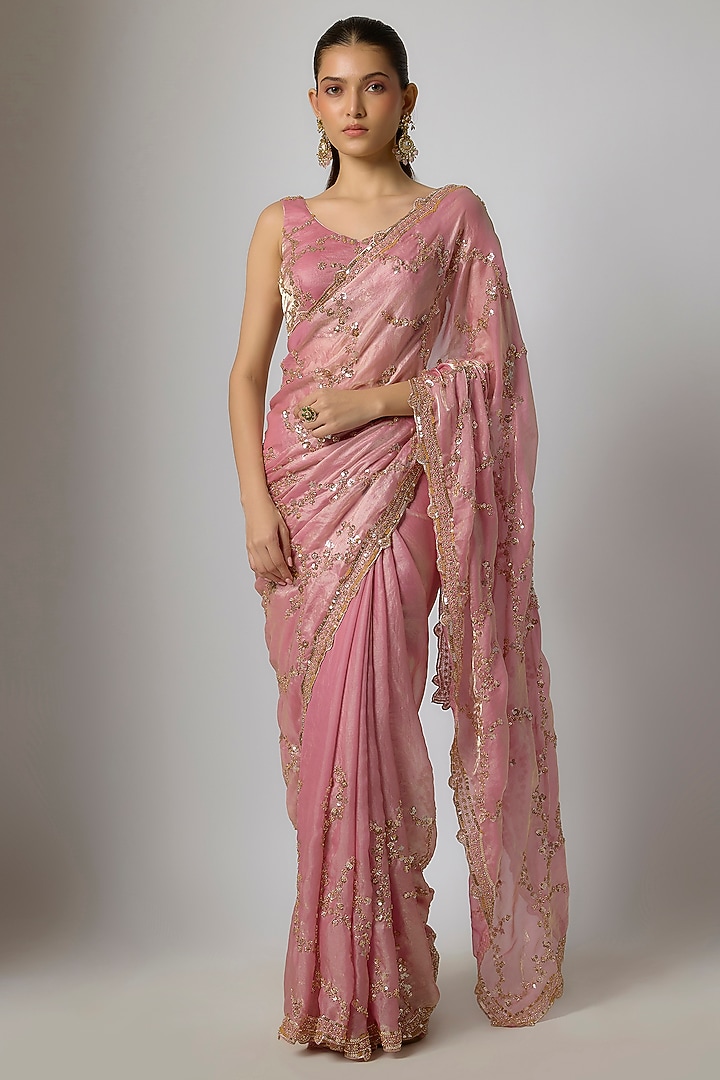 Blush Rose Gold Tissue Silk Sequins Embroidered Party Wear Saree Set by Indian Wardrobe at Pernia's Pop Up Shop