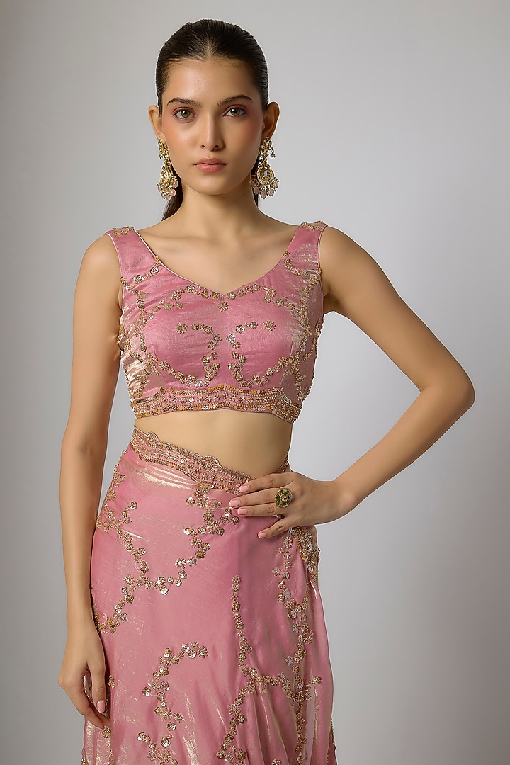 Blush Rose Gold Tissue Silk Sequins Embroidered Party Wear Saree Set by Indian Wardrobe at Pernia's Pop Up Shop