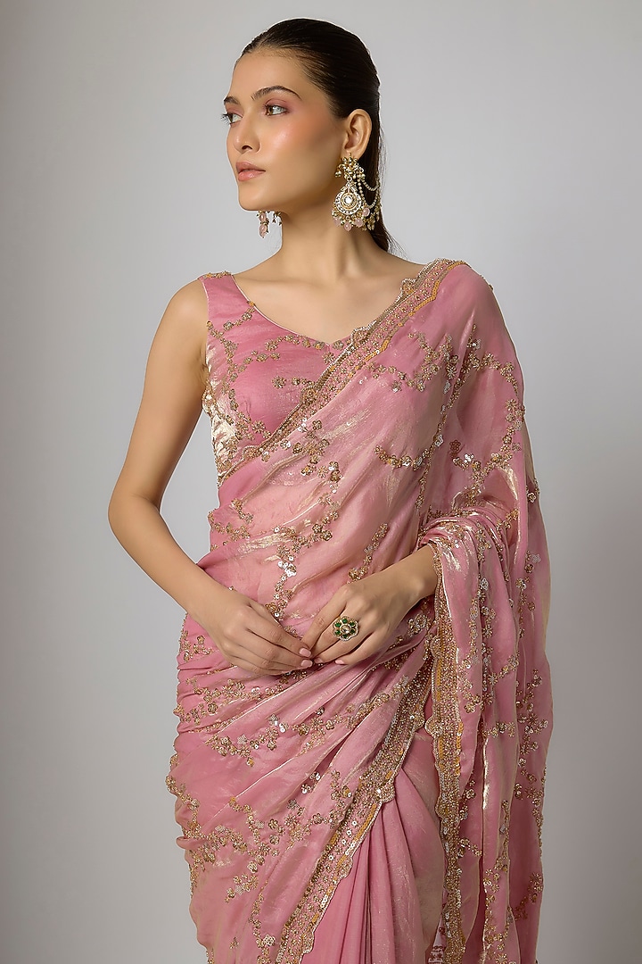 Blush Rose Gold Tissue Silk Sequins Embroidered Party Wear Saree Set by Indian Wardrobe at Pernia's Pop Up Shop