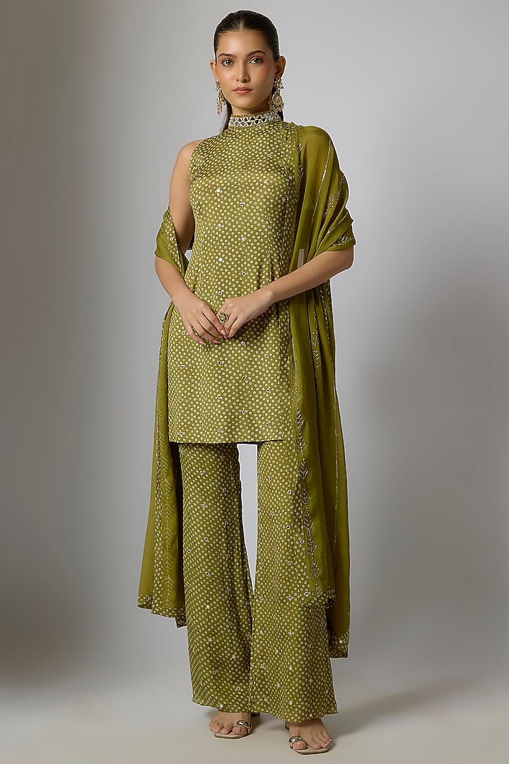 Mehendi Green Chinon Bandhani Printed & Hand Embroidered Kurta Set by Krishna Padia at Pernia's Pop Up Shop