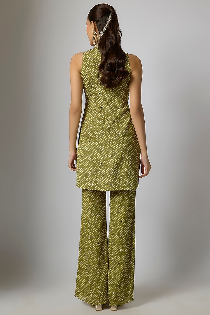 Mehendi Green Chinon Bandhani Printed & Hand Embroidered Kurta Set by Krishna Padia at Pernia's Pop Up Shop