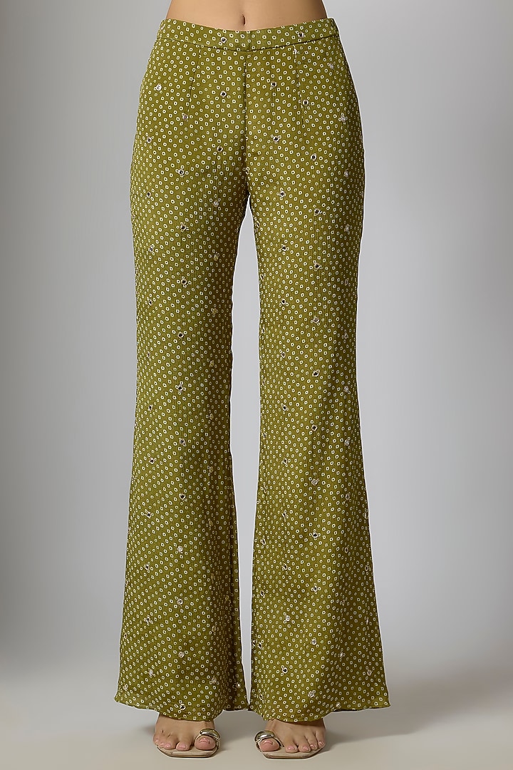 Mehendi Green Chinon Bandhani Printed & Hand Embroidered Kurta Set by Krishna Padia at Pernia's Pop Up Shop