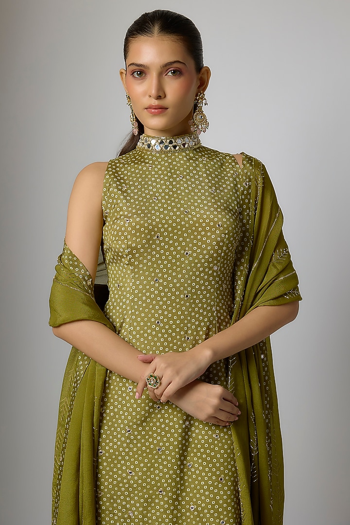 Mehendi Green Chinon Bandhani Printed & Hand Embroidered Kurta Set by Krishna Padia at Pernia's Pop Up Shop