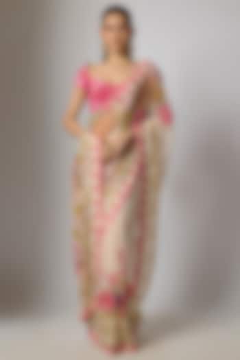 Ivory Organza Floral Embroidered Draped Wedding Saree Set by Krishna Padia at Pernia's Pop Up Shop