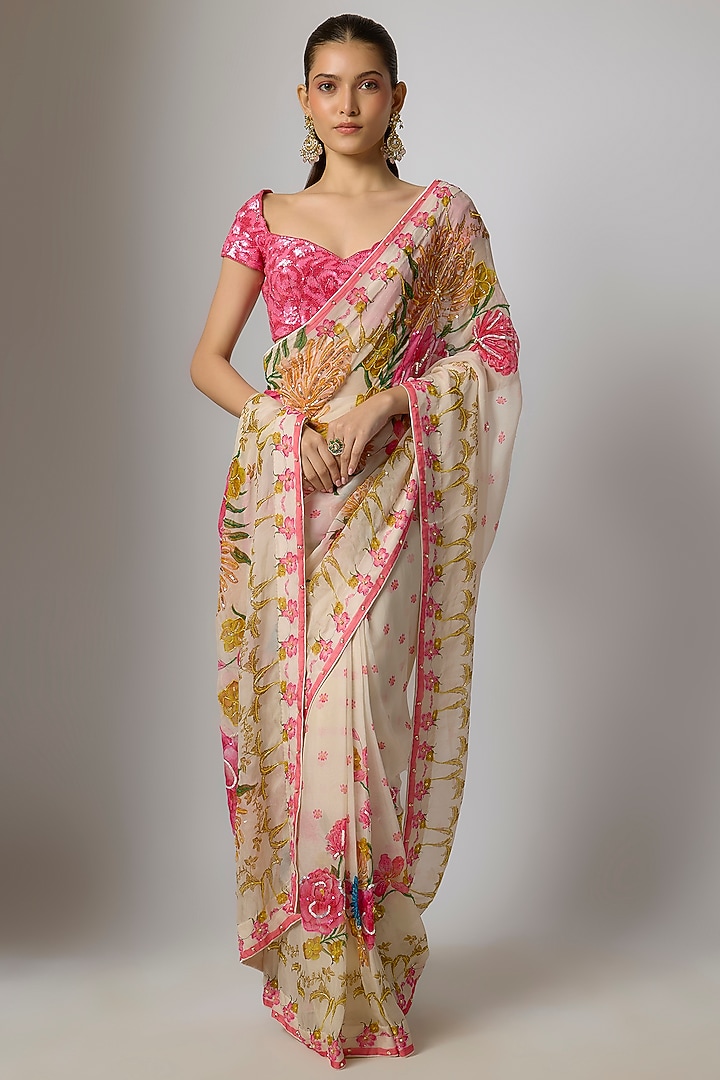 Ivory Organza Floral Embroidered Draped Wedding Saree Set by Krishna Padia at Pernia's Pop Up Shop