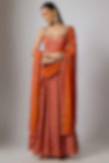 Orange Chinon Bandhani Printed & Hand Embroidered Party Wear Anarkali Set by Krishna Padia at Pernia's Pop Up Shop