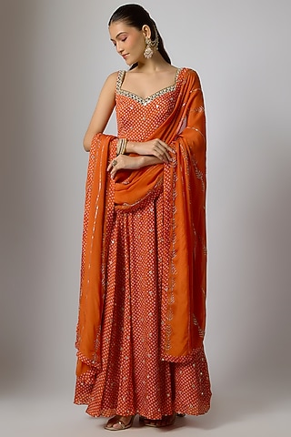Orange Chinon Bandhani Printed & Hand Embroidered Anarkali Set by Krishna Padia