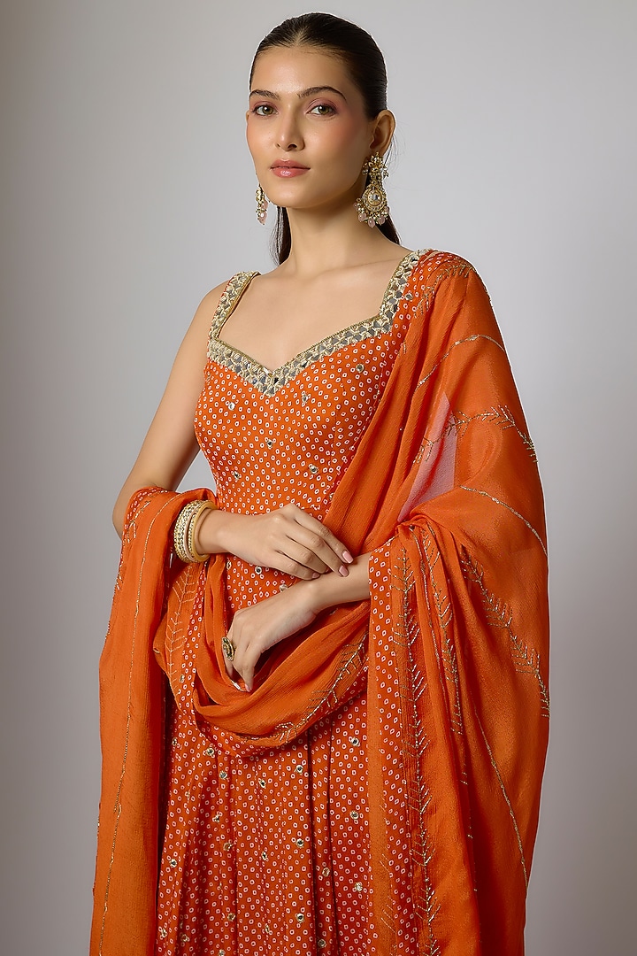 Orange Chinon Bandhani Printed & Hand Embroidered Party Wear Anarkali Set by Krishna Padia at Pernia's Pop Up Shop