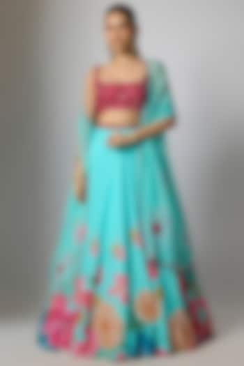 Aqua Dola Silk Floral Printed & Embroidered Wedding Lehenga Set by Krishna Padia at Pernia's Pop Up Shop