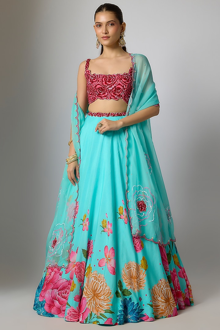 Aqua Dola Silk Floral Printed & Embroidered Wedding Lehenga Set by Krishna Padia at Pernia's Pop Up Shop
