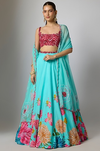 Aqua Dola Silk Floral Printed & Embroidered Lehenga Set by Krishna Padia