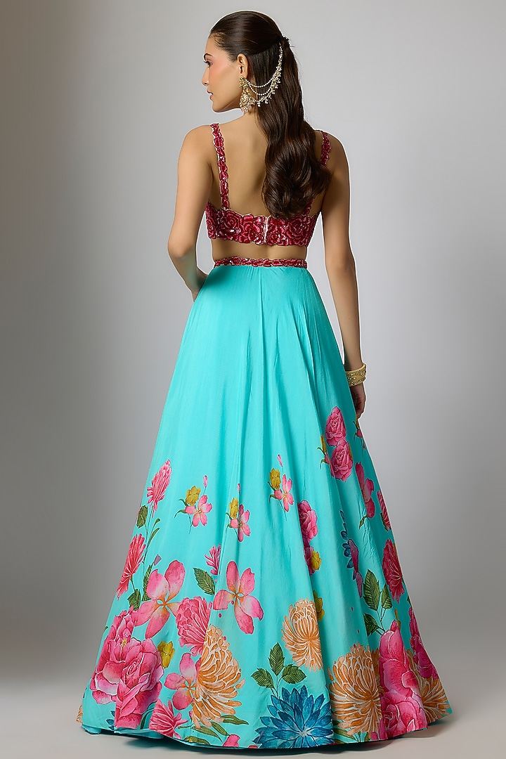 Aqua Dola Silk Floral Printed & Embroidered Wedding Lehenga Set by Krishna Padia at Pernia's Pop Up Shop