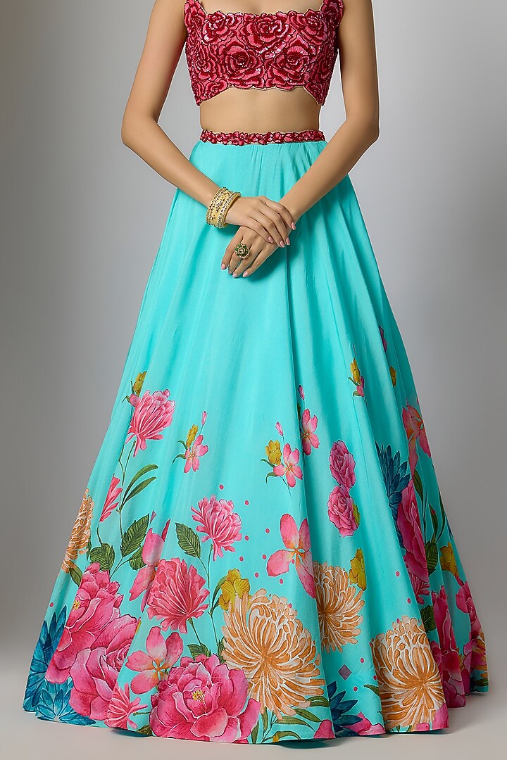Aqua Dola Silk Floral Printed & Embroidered Wedding Lehenga Set by Krishna Padia at Pernia's Pop Up Shop