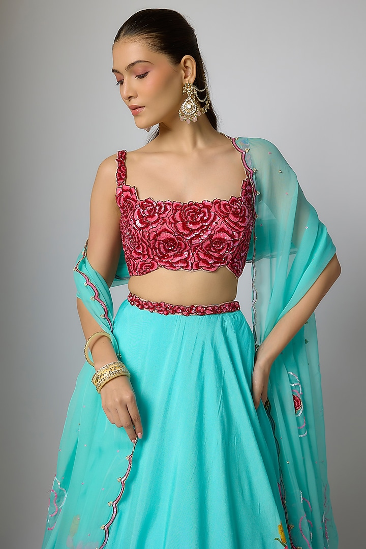 Aqua Dola Silk Floral Printed & Embroidered Wedding Lehenga Set by Krishna Padia at Pernia's Pop Up Shop
