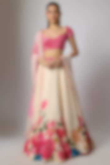 Ivory Dola Silk Floral Printed Wedding Lehenga Set by Krishna Padia at Pernia's Pop Up Shop