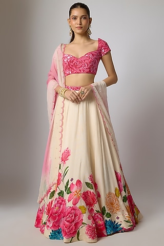 Ivory Dola Silk Floral Printed Lehenga Set by Krishna Padia