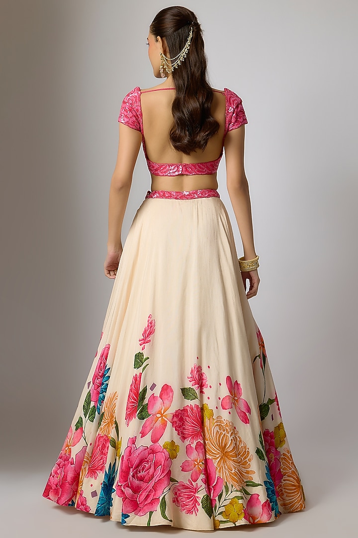 Ivory Dola Silk Floral Printed Wedding Lehenga Set by Krishna Padia at Pernia's Pop Up Shop