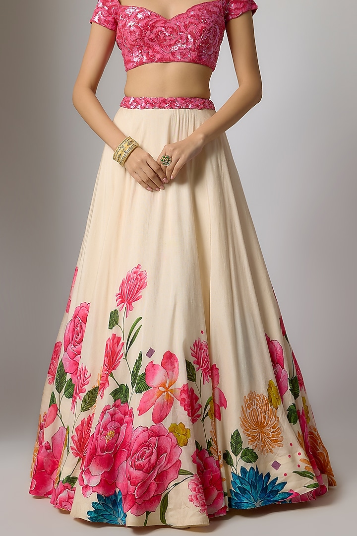 Ivory Dola Silk Floral Printed Wedding Lehenga Set by Krishna Padia at Pernia's Pop Up Shop