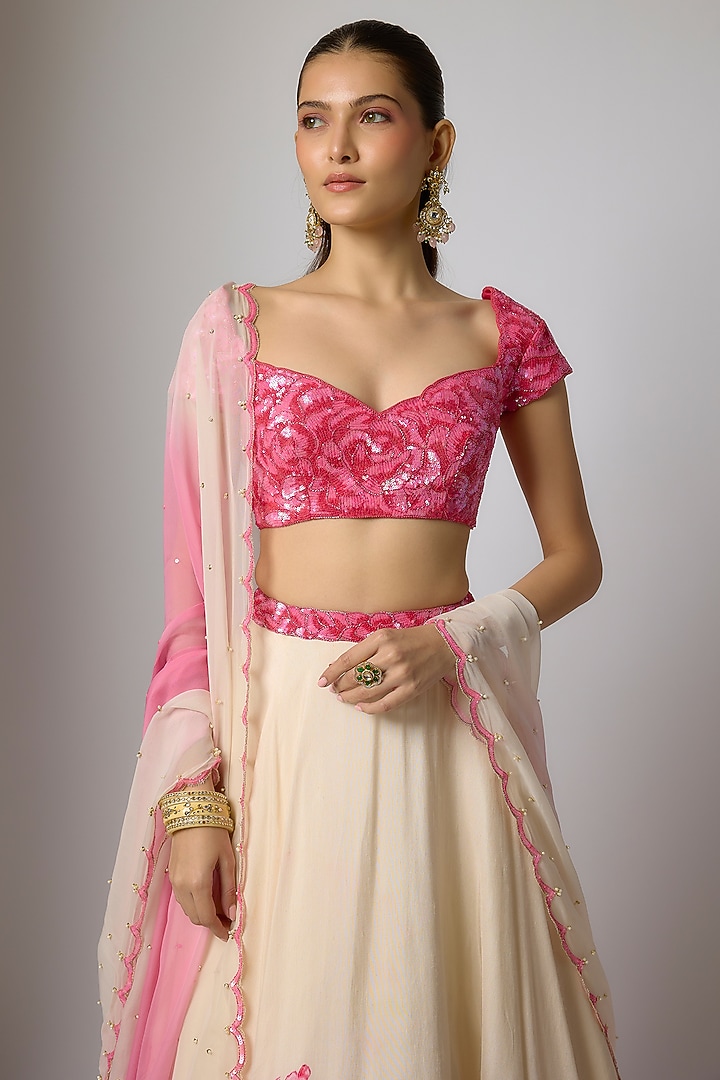 Ivory Dola Silk Floral Printed Wedding Lehenga Set by Krishna Padia at Pernia's Pop Up Shop
