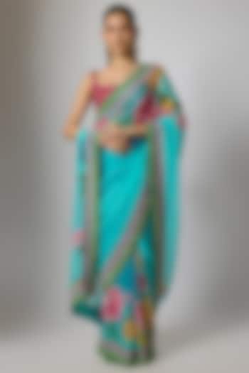 Aqua Blue Organza Floral Motifs Embroidered Draped Wedding Saree Set by Krishna Padia at Pernia's Pop Up Shop