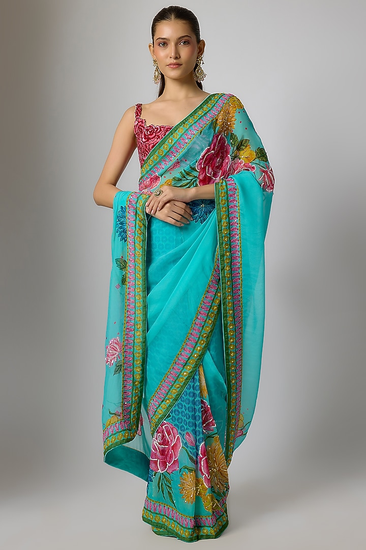 Aqua Blue Organza Floral Motifs Embroidered Draped Wedding Saree Set by Krishna Padia at Pernia's Pop Up Shop