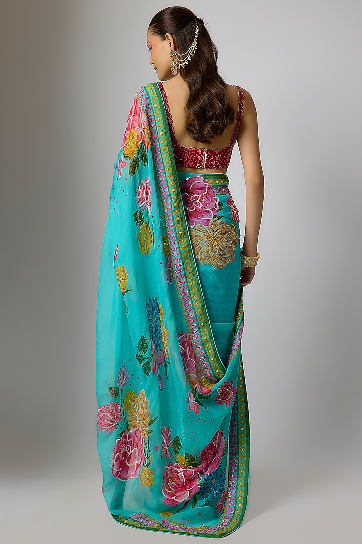 Aqua Blue Organza Floral Motifs Embroidered Draped Wedding Saree Set by Krishna Padia at Pernia's Pop Up Shop