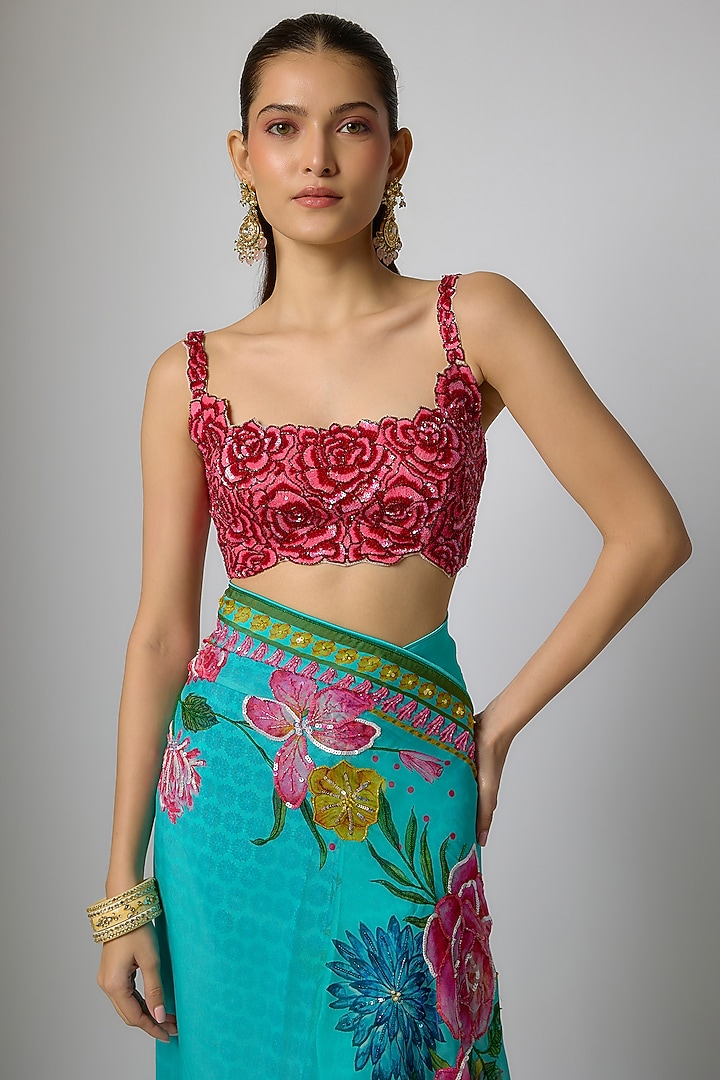 Aqua Blue Organza Floral Motifs Embroidered Draped Wedding Saree Set by Krishna Padia at Pernia's Pop Up Shop