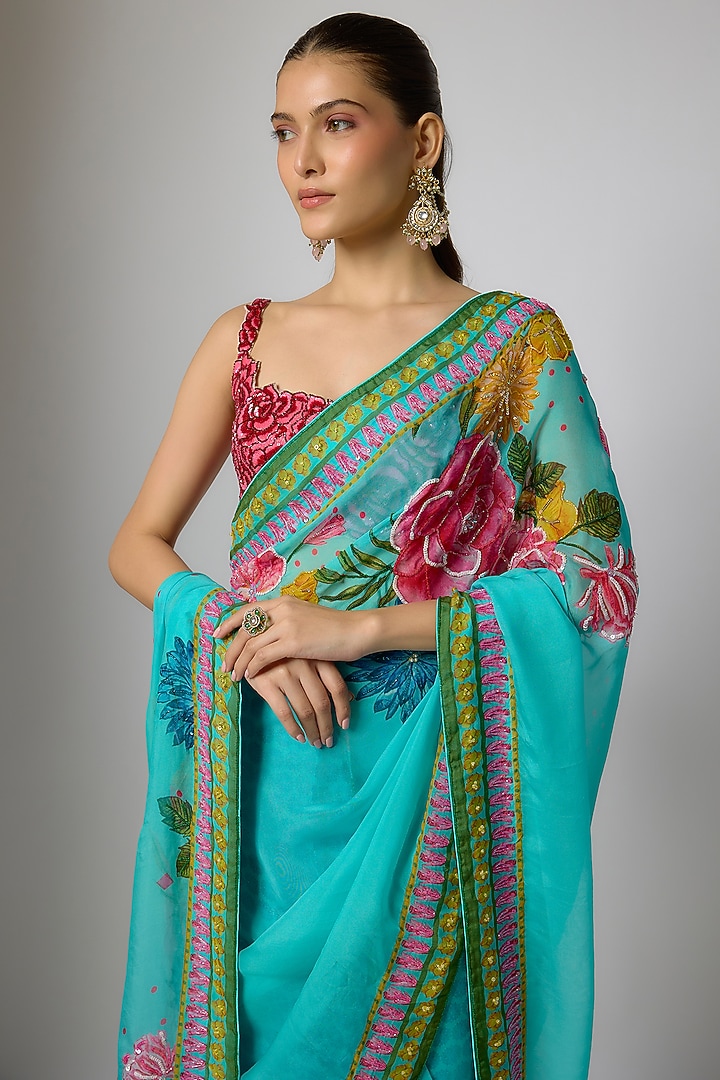Aqua Blue Organza Floral Motifs Embroidered Draped Wedding Saree Set by Krishna Padia at Pernia's Pop Up Shop