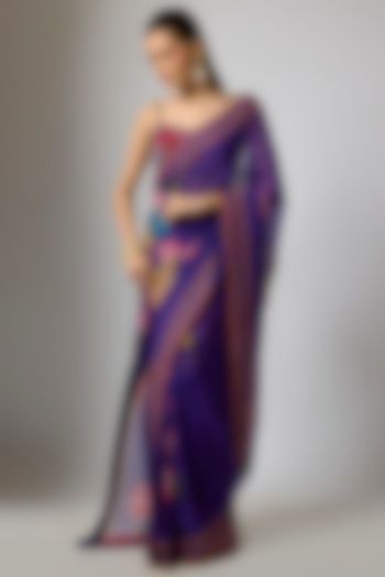 Deep Purple Organza Floral Embroidered Draped Wedding Saree Set by Krishna Padia at Pernia's Pop Up Shop