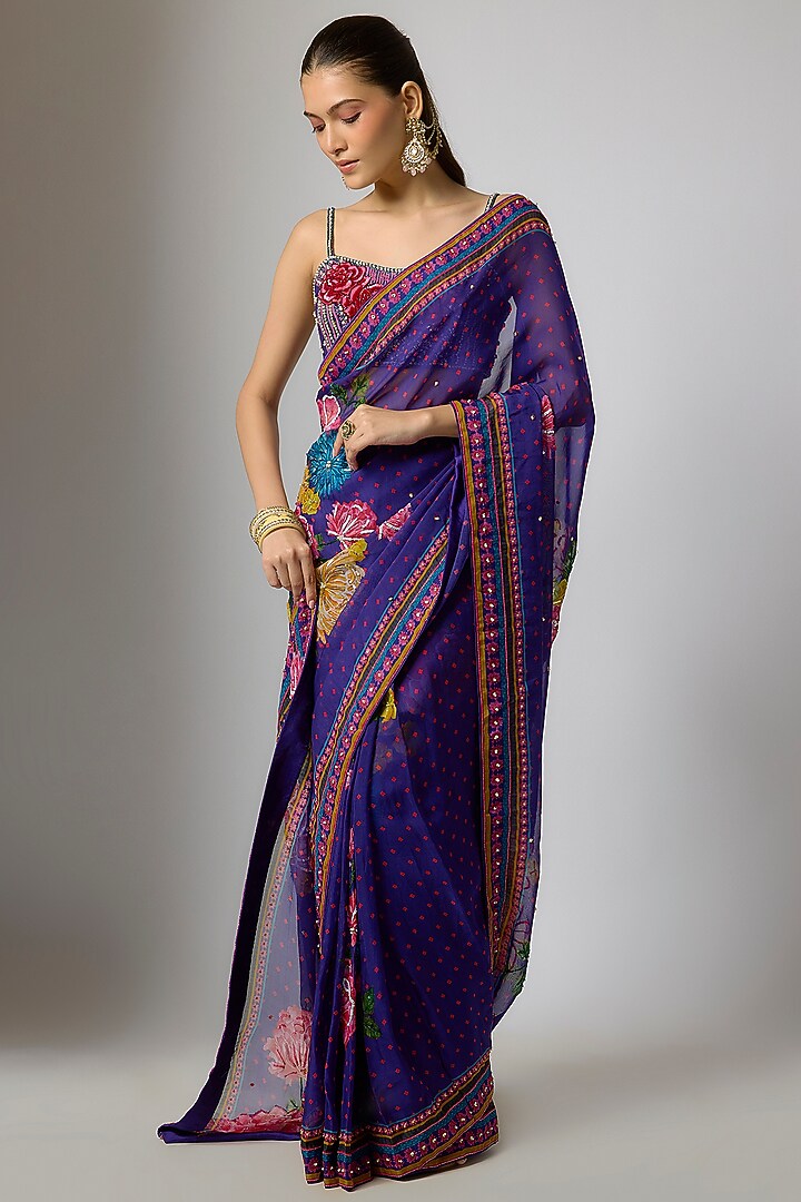 Deep Purple Organza Floral Embroidered Draped Wedding Saree Set by Krishna Padia at Pernia's Pop Up Shop